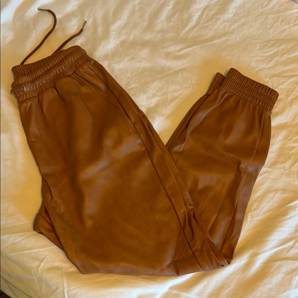 Faux-Leather Joggers in Warm Brown